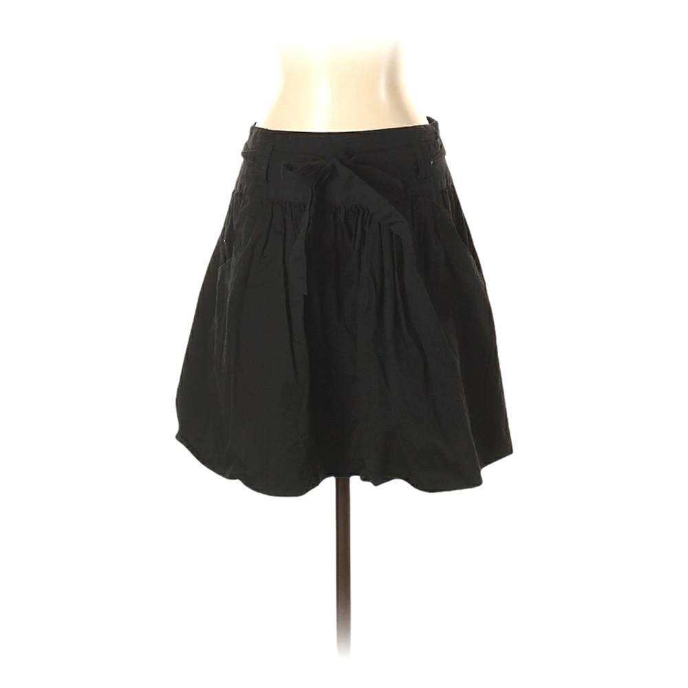 Elle A-Line Skirt Size 2 Black 100% Cotton Waist Tie Pockets Knee‎ Length Pleats